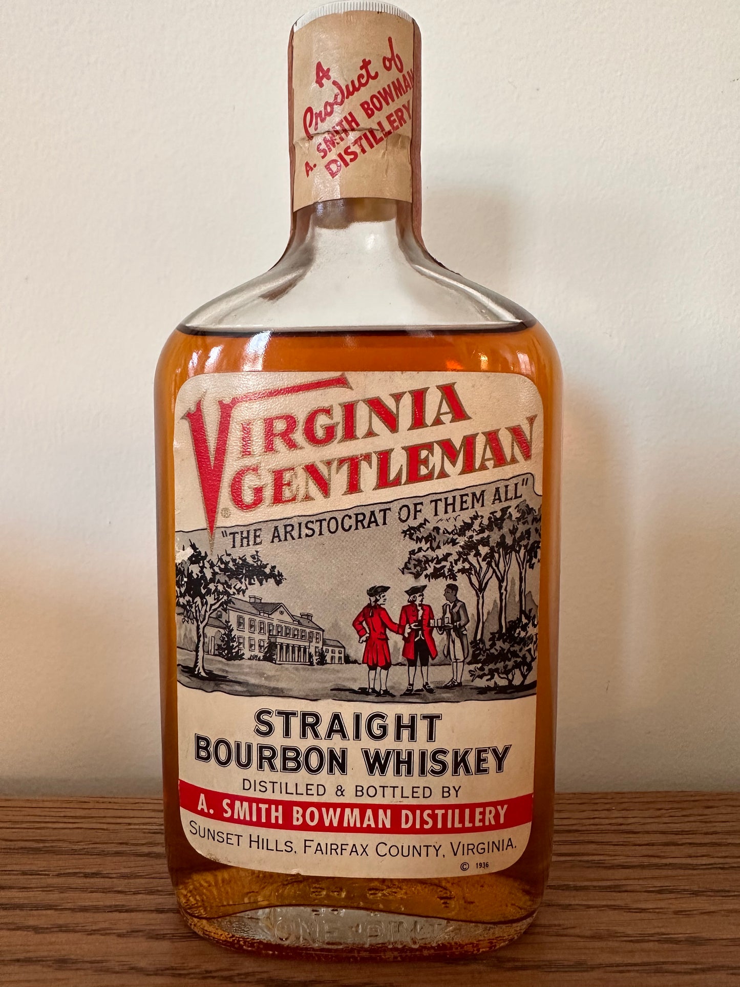 1960's A. Smith Bowman Virginia Gentleman 4 Year Old 90 Proof Pint