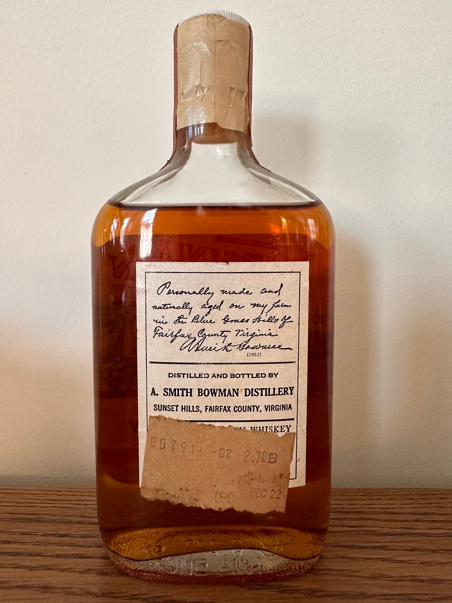 1960's A. Smith Bowman Virginia Gentleman 4 Year Old 90 Proof Pint