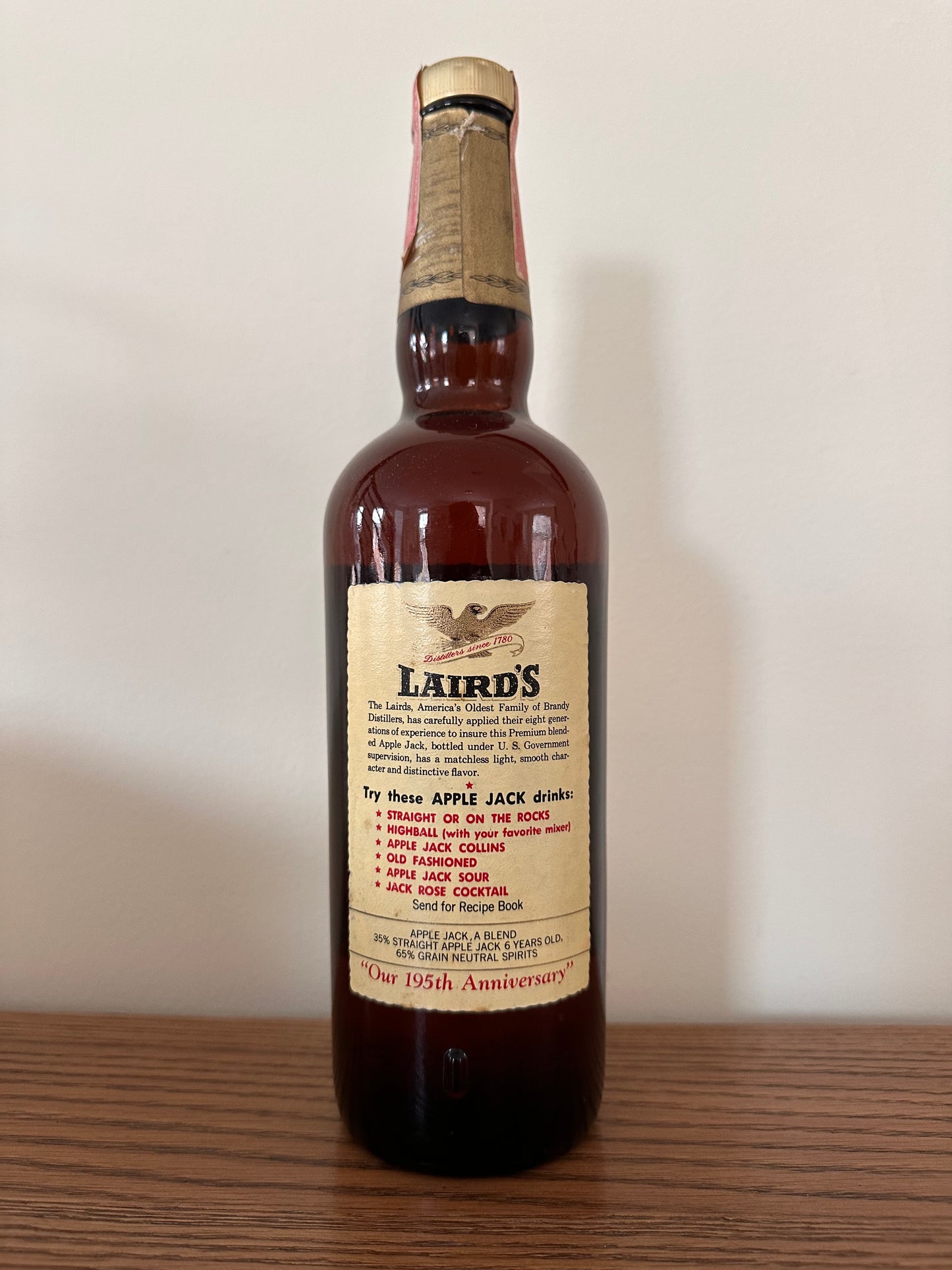 1975 Laird's Applejack Brandy 195th Anniversary 4/5 Quart