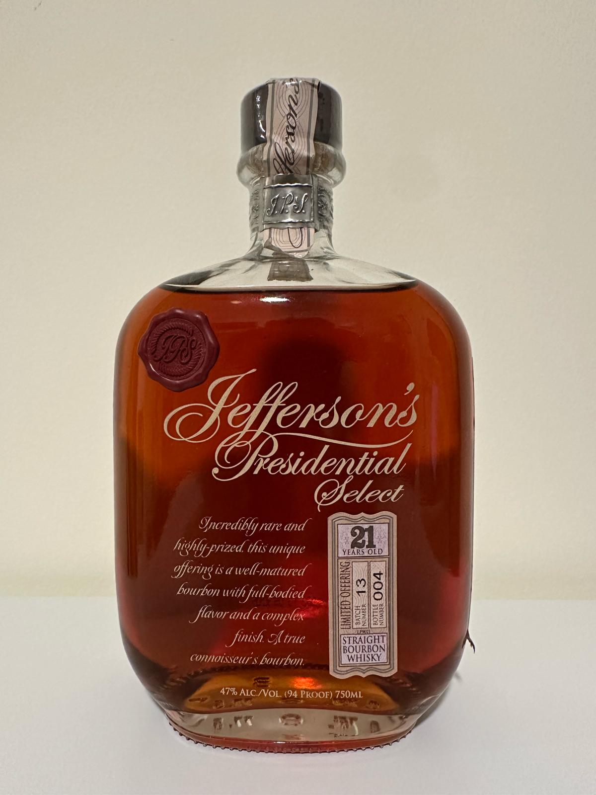Jefferson's Presidential Select 21 Years Old Batch 13 Straight Bourbon Whiskey 750ml